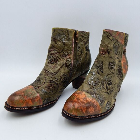 Spring Step L'Artiste Boots 42/11 Green Floral Leather Waterlily Zip Ankle Boho - Picture 3 of 14